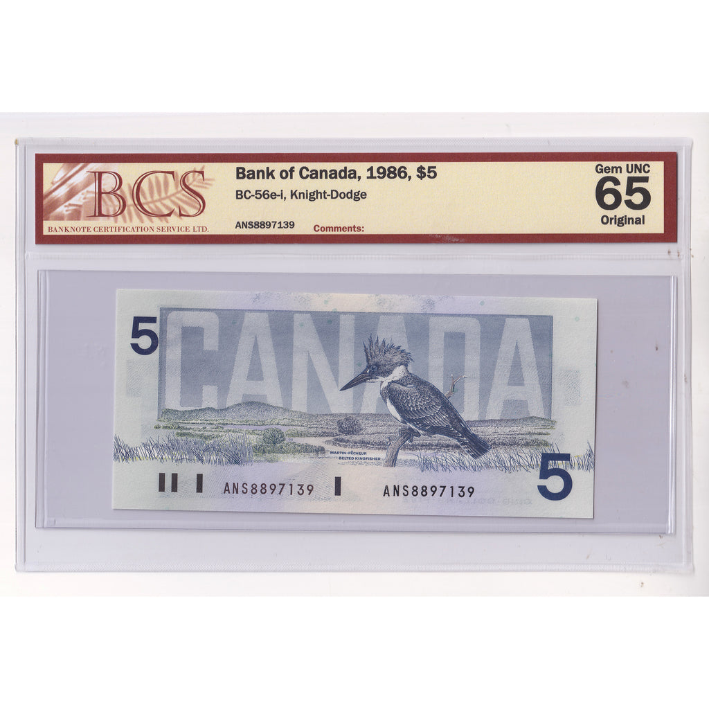 BC-56e-i 1986 Canada $5 Knight-Dodge, ANS BCS Certified GUNC65 Original