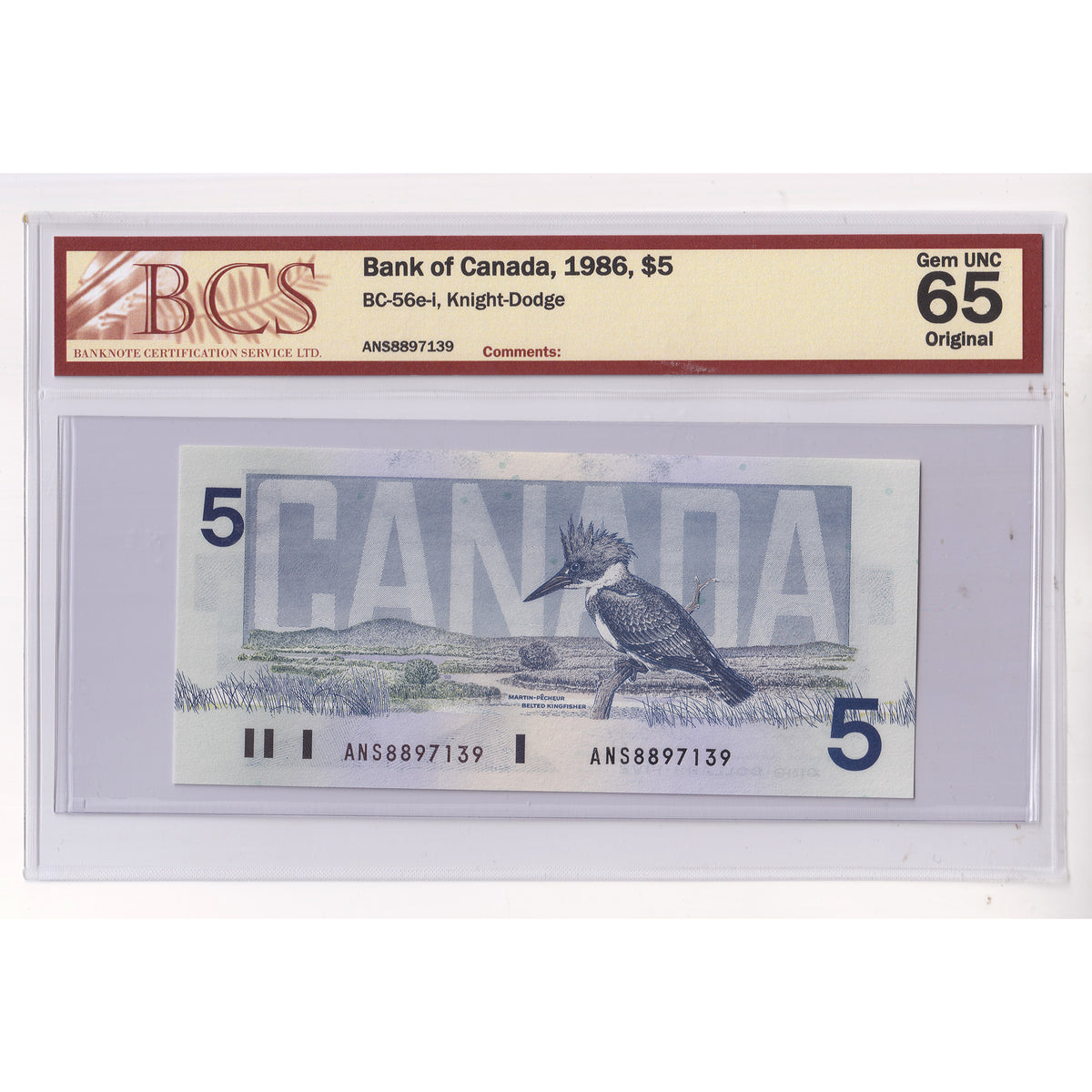 BC-56e-i 1986 Canada $5 Knight-Dodge, ANS BCS Certified GUNC65 Original