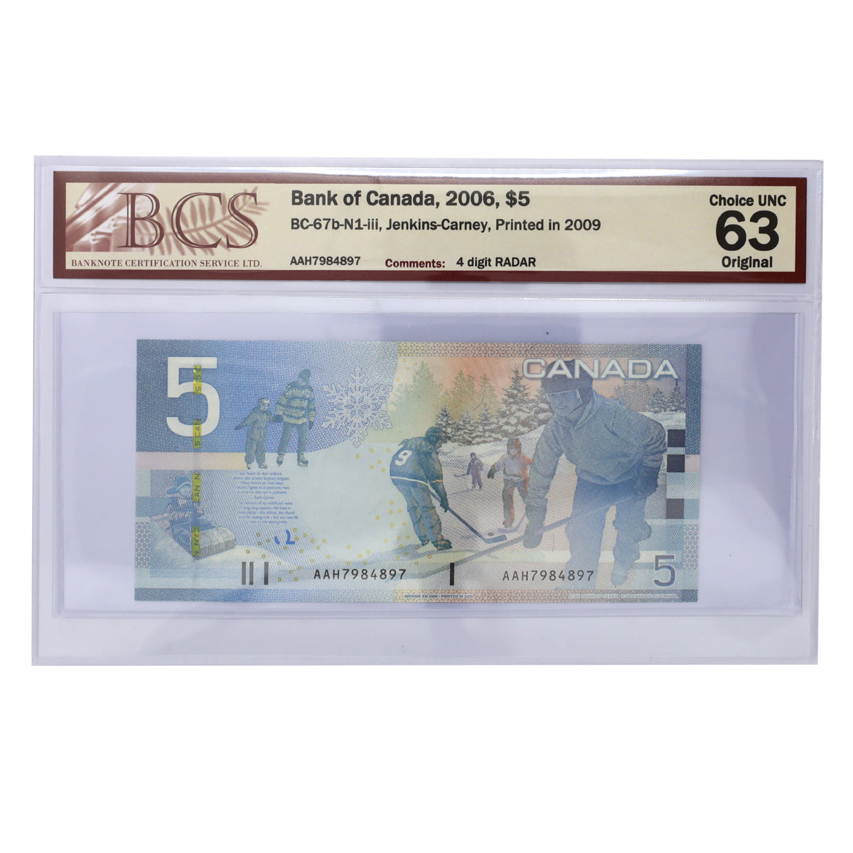 BC-67b-N1-iii 2006 Canada $5 J-C, 2009, RADAR AAH7984897 BCS Certified CUNC63 Original