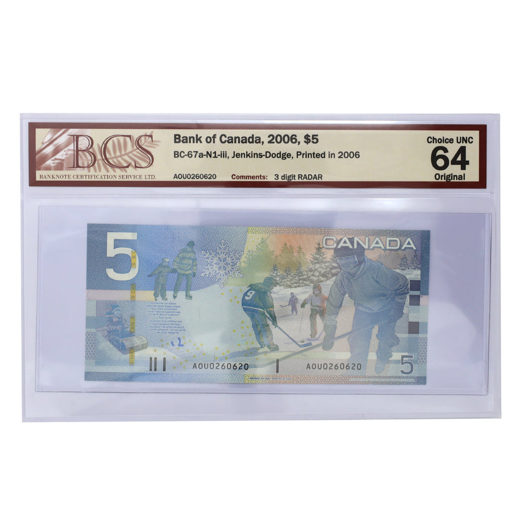 BC-67a-N1-iii 2006 Canada $5 J-D, 3 Digit RADAR AOU0260620 BCS Certified CUNC64 Original