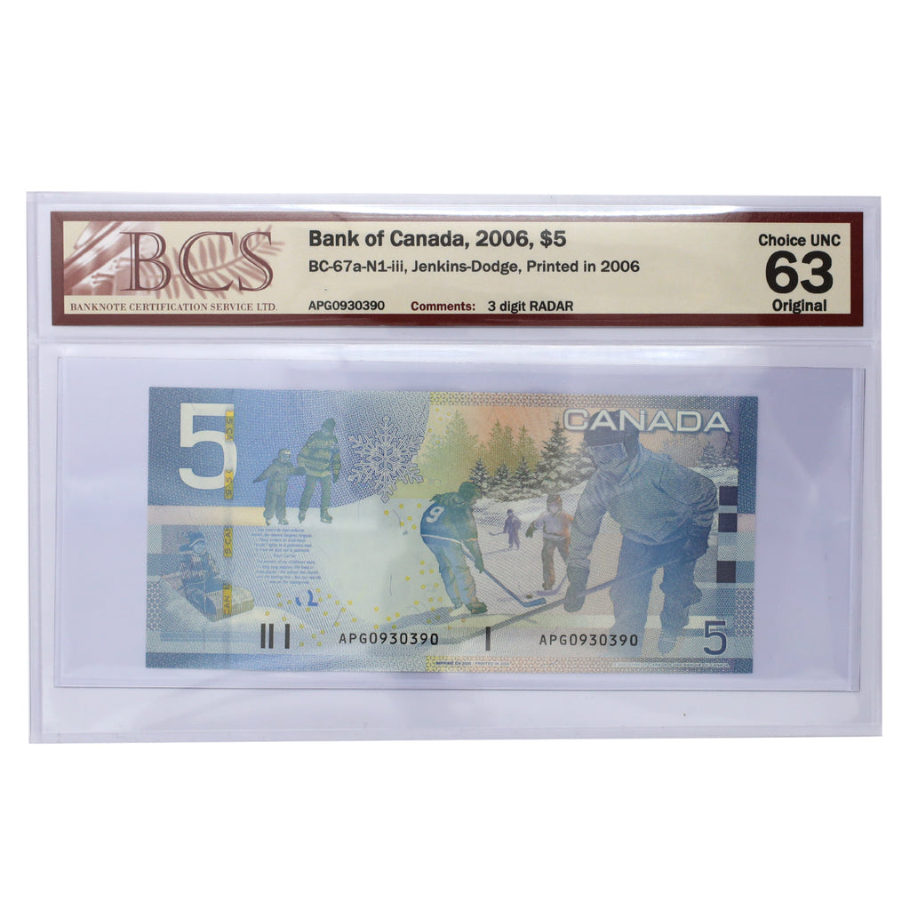 BC-67a-N1-iii 2006 Canada $5 J-D, 3 Digit RADAR APG0930390 BCS Certified CUNC64 Original