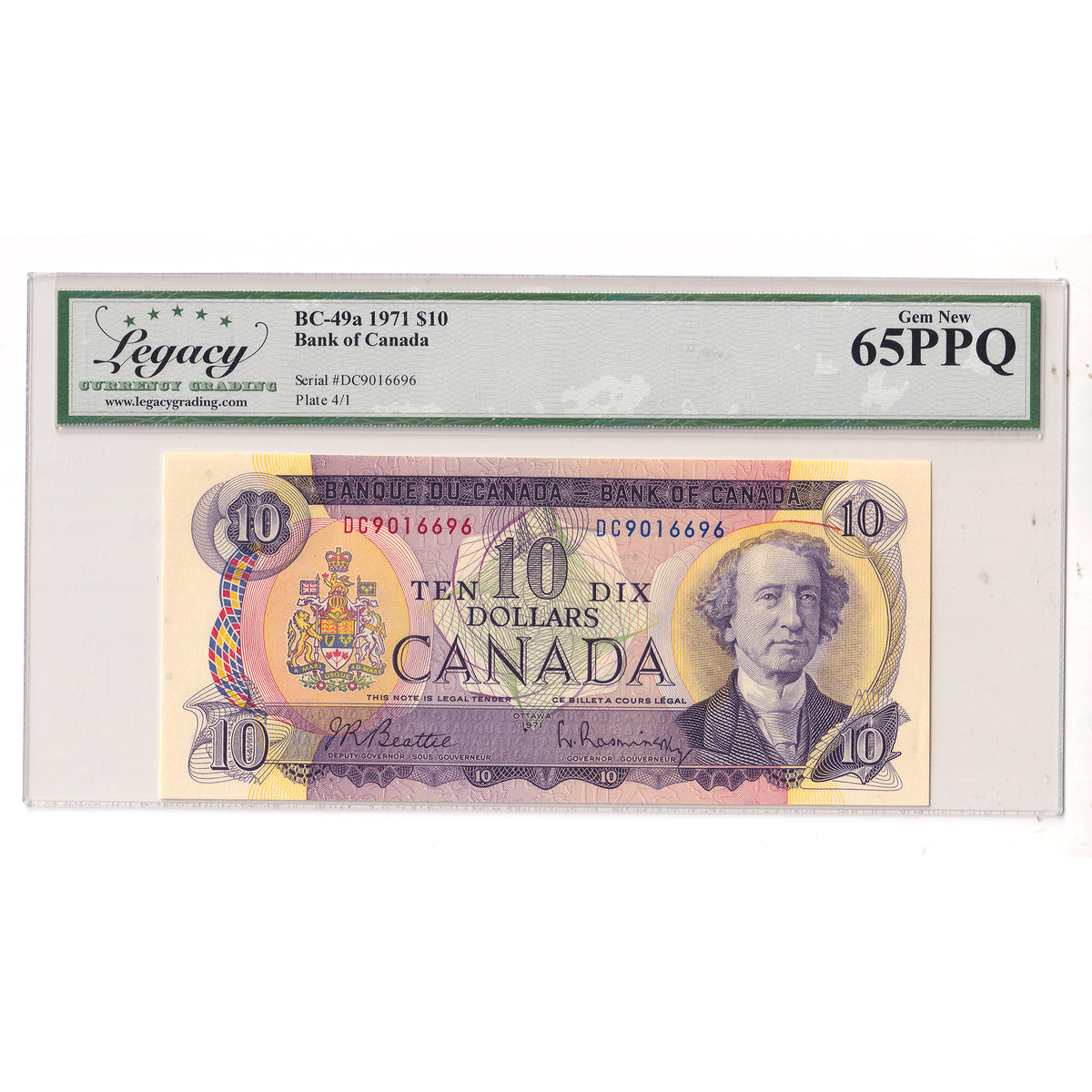 BC-49a 1971 Canada $10 Beattie-Rasminsky, DC Legacy Certified GUNC65 PPQ