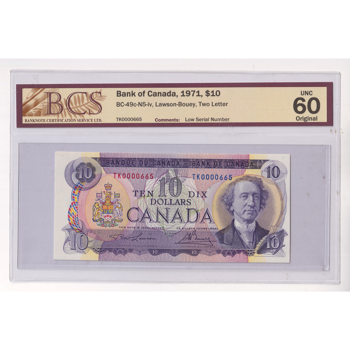 BC-49c-N5-iv 1971 Canada $10 L-B, 2 Letter, Low Serial # TK0000665 BCS Cert. UNC60 Orig.