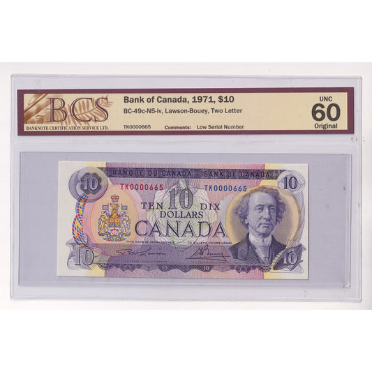 BC-49c-N5-iv 1971 Canada $10 L-B, 2 Letter, Low Serial # TK0000665 BCS Cert. UNC60 Orig.