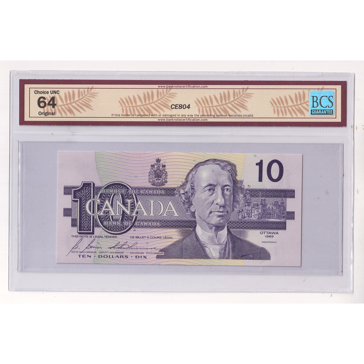 BC-57b 1989 Canada $10 Bonin-Thiessen, BDY BCS Certified CUNC64 Original