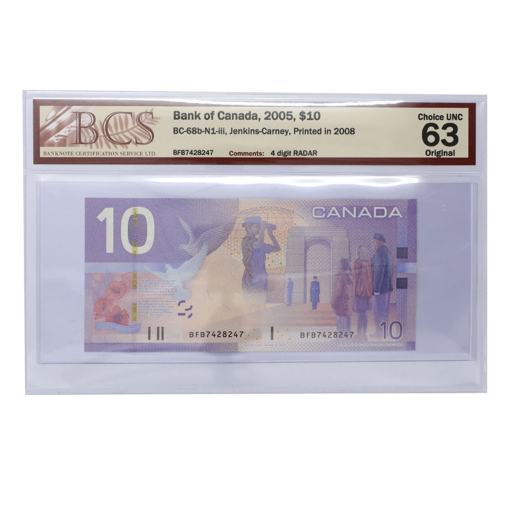 BC-68b-N1-iii 2005 Canada $10 J-C, 2008, RADAR BFB7428247 BCS Certified CUNC63 Original