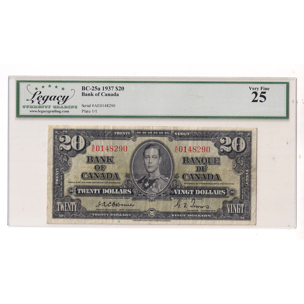 BC-25a 1937 Canada $20 Osborne-Towers, A/E Legacy Certified VF25