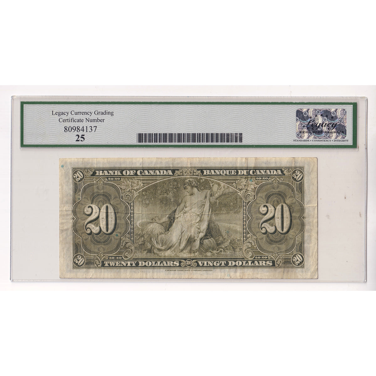 BC-25a 1937 Canada $20 Osborne-Towers, A/E Legacy Certified VF25