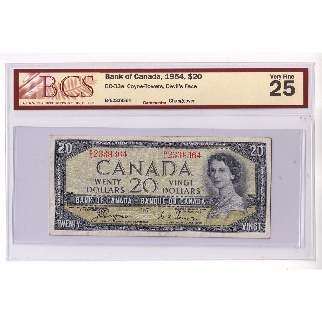 BC-33a 1954 Canada $20 Coyne-Towers, Devil's Face, Changeover, B/E BCS Certified VF25