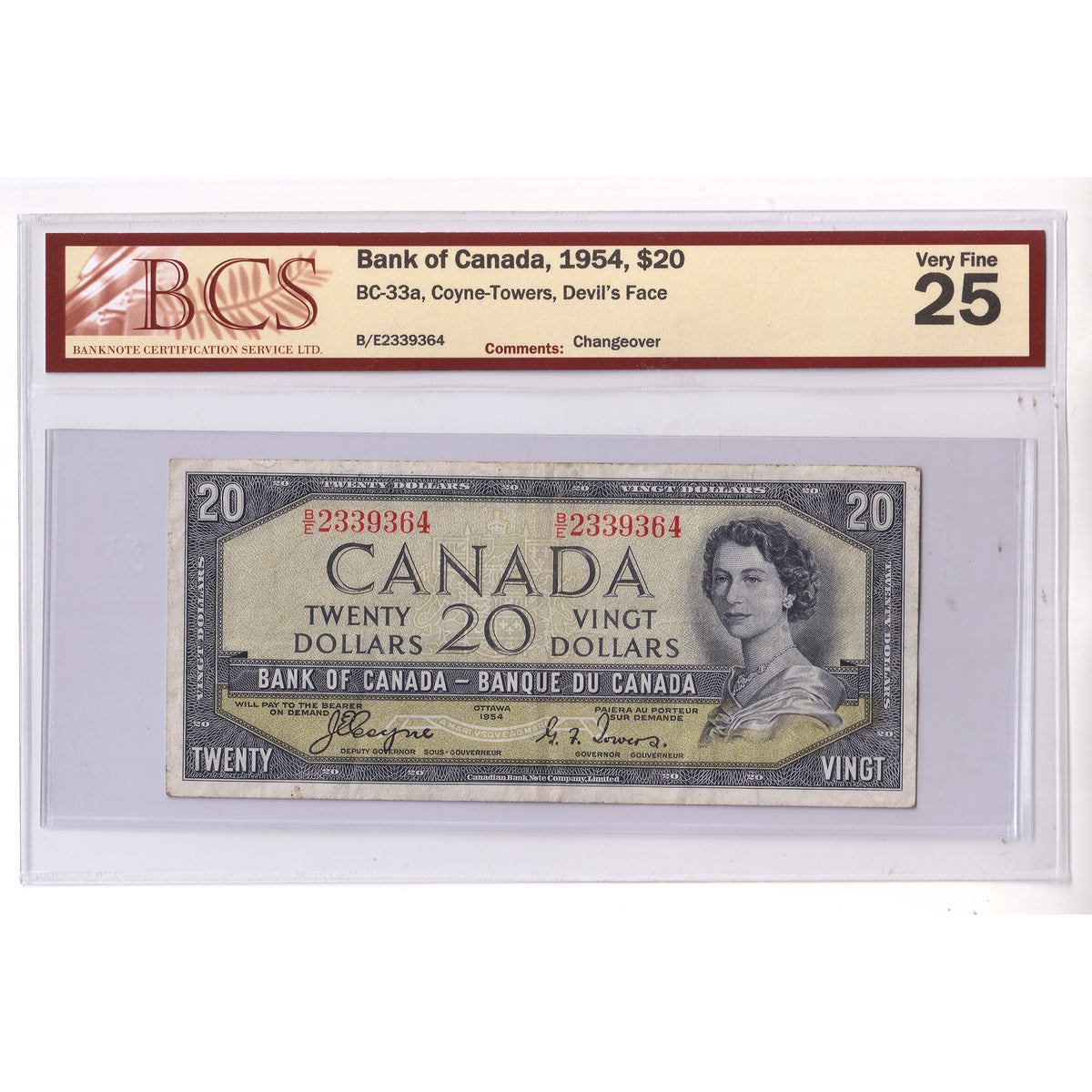 BC-33a 1954 Canada $20 Coyne-Towers, Devil's Face, Changeover, B/E BCS Certified VF25