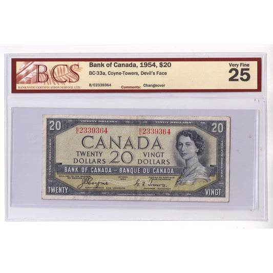 BC-33a 1954 Canada $20 Coyne-Towers, Devil's Face, Changeover, B/E BCS Certified VF25