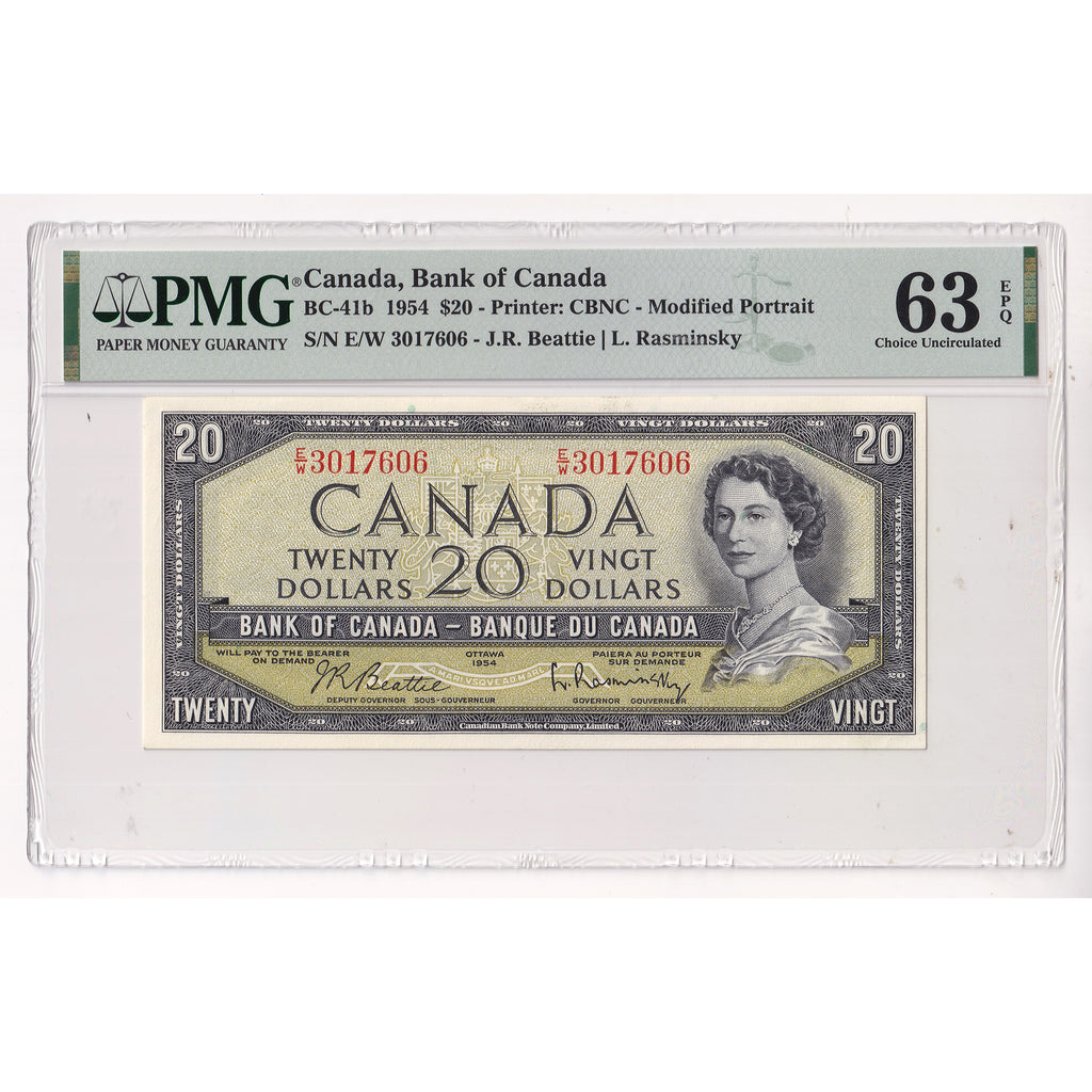 BC-41b 1954 Canada $20 Beattie-Rasminsky, Modified Portrait, PMG Certified CUNC63 EPQ
