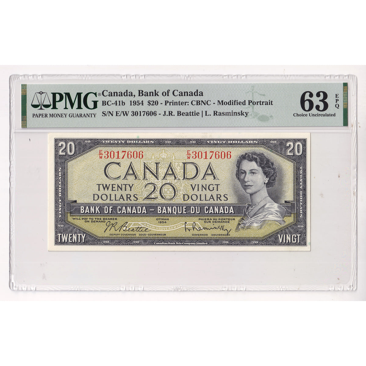 BC-41b 1954 Canada $20 Beattie-Rasminsky, Modified Portrait, PMG Certified CUNC63 EPQ