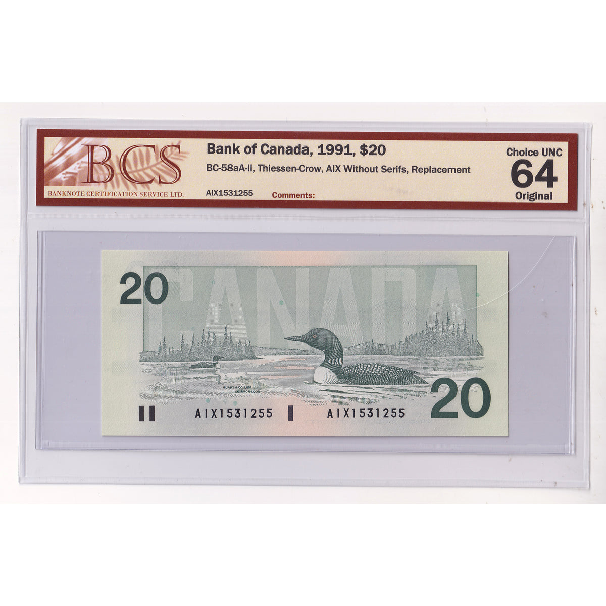 BC-58aA-ii 1991 Canada $20 T-C, AIX Without Serifs, Replacement, BCS Cert. CUNC64 Orig.