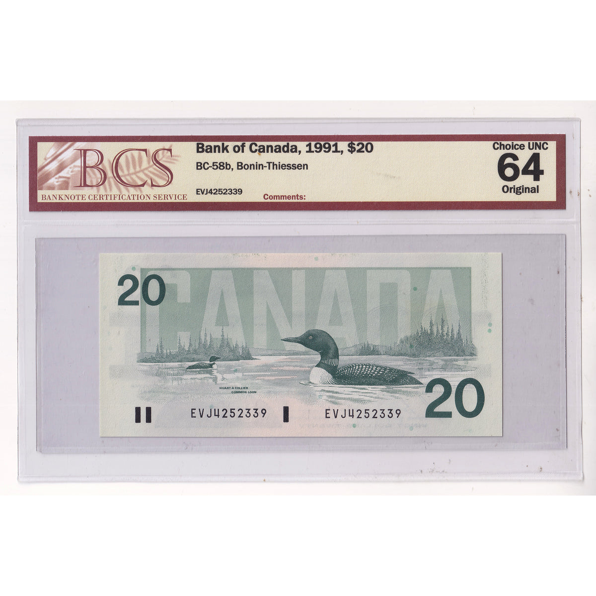BC-58b 1991 Canada $20 Bonin-Thiessen, EVJ BCS Certified CUNC64 Original
