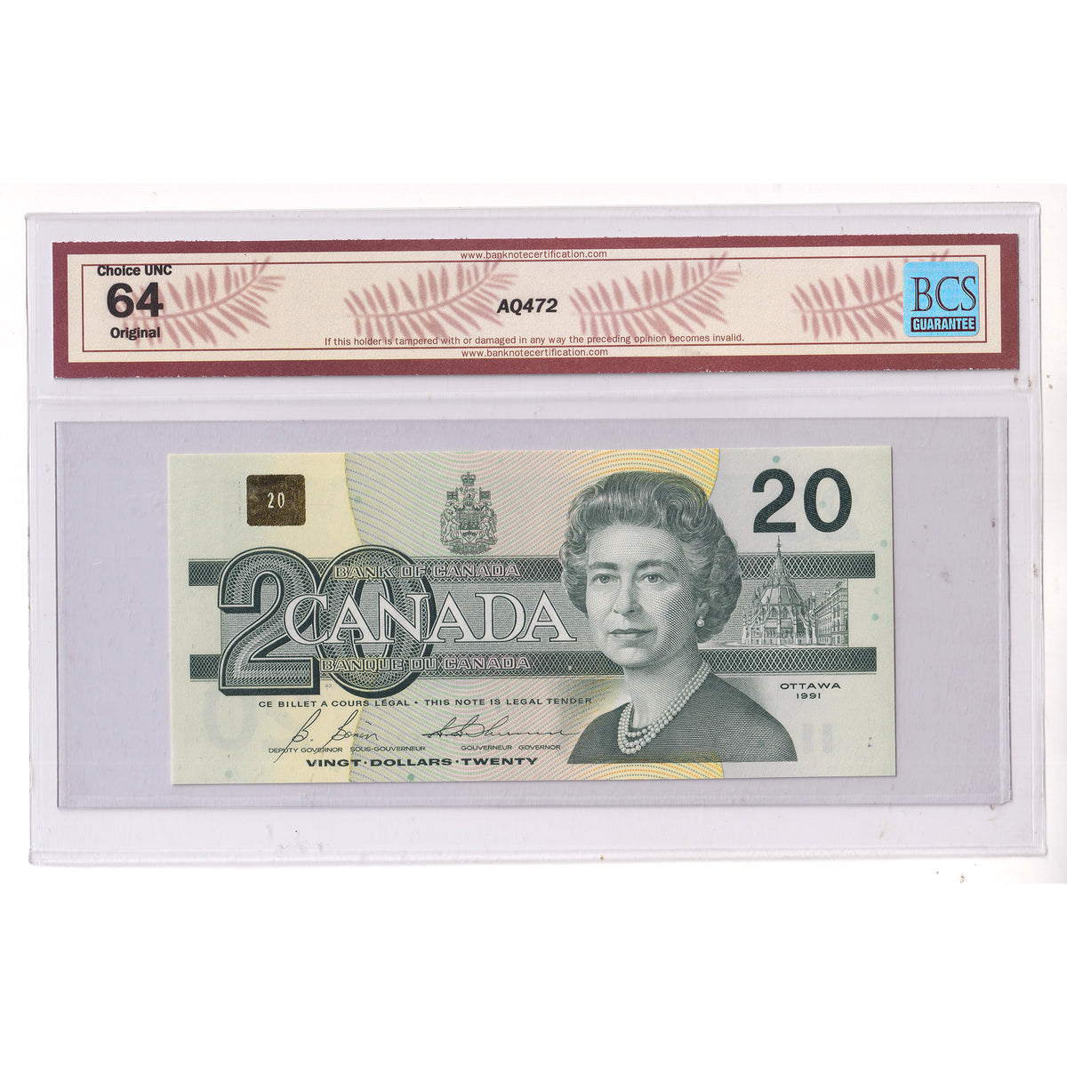 BC-58b 1991 Canada $20 Bonin-Thiessen, EVJ BCS Certified CUNC64 Original