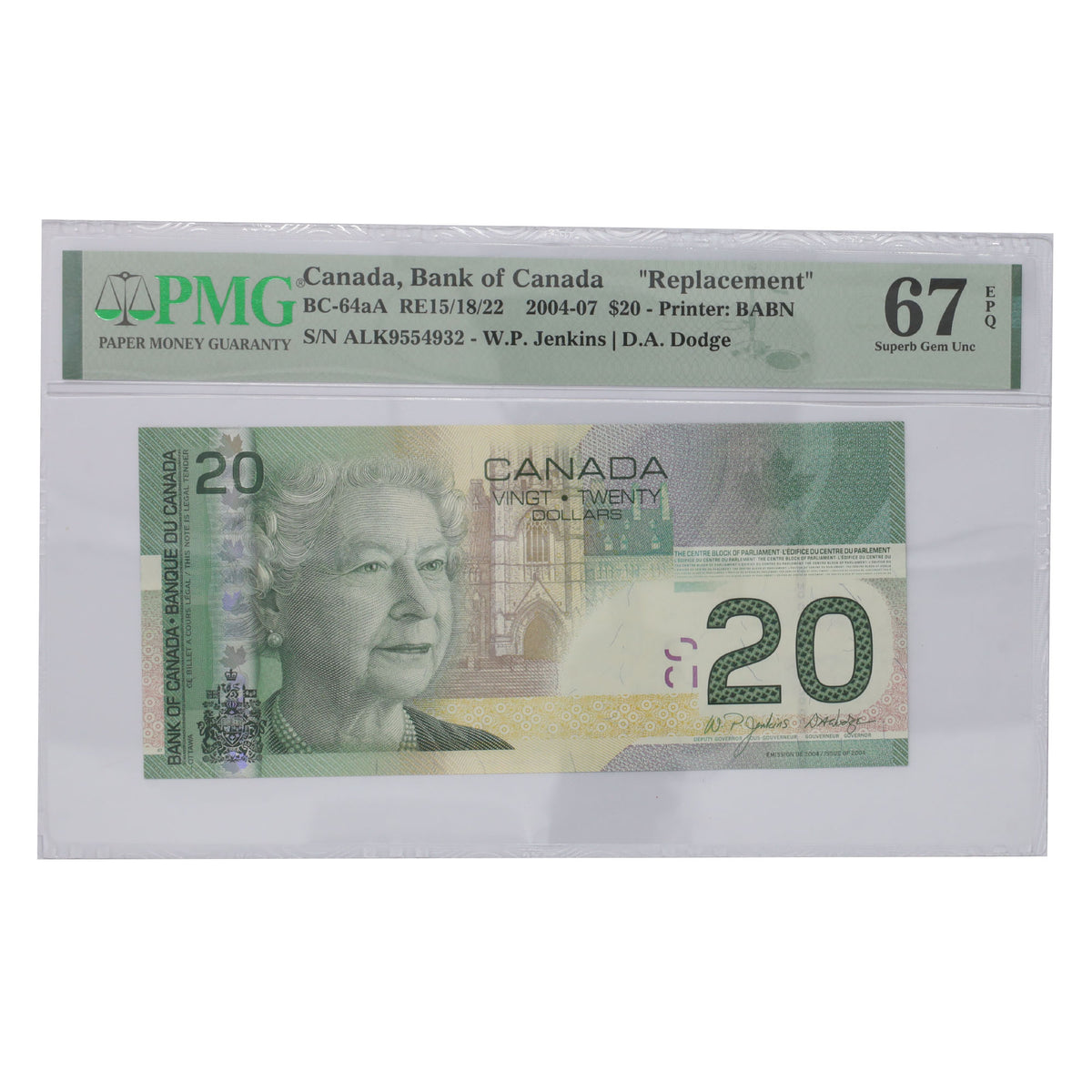 BC-64aA 2004 Canada $20 Jenkins-Dodge, 2005, Replacement, PMG Certified GUNC67 EPQ