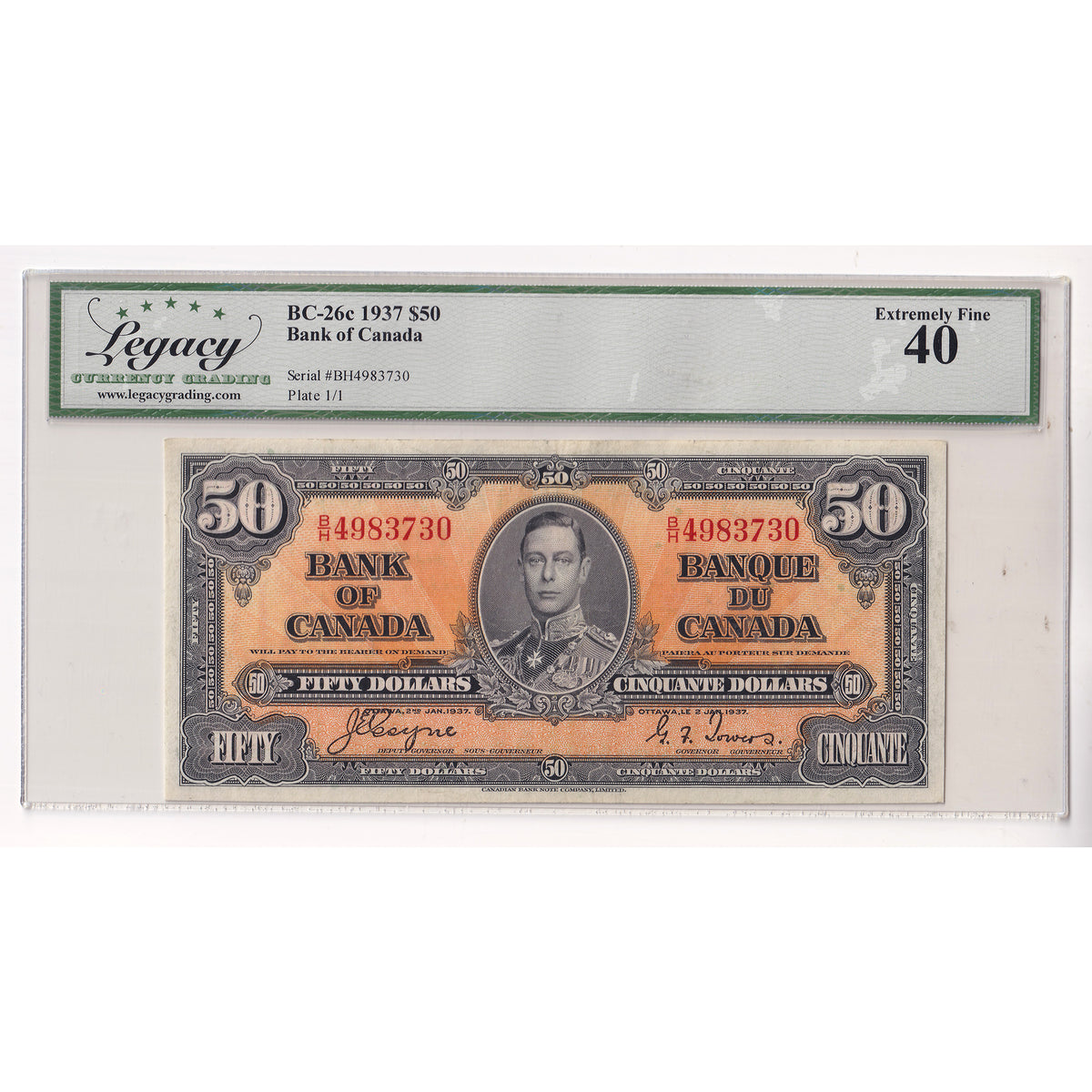 BC-26c 1937 Canada $50 Coyne-Towers, B/H Legacy Certified EF40