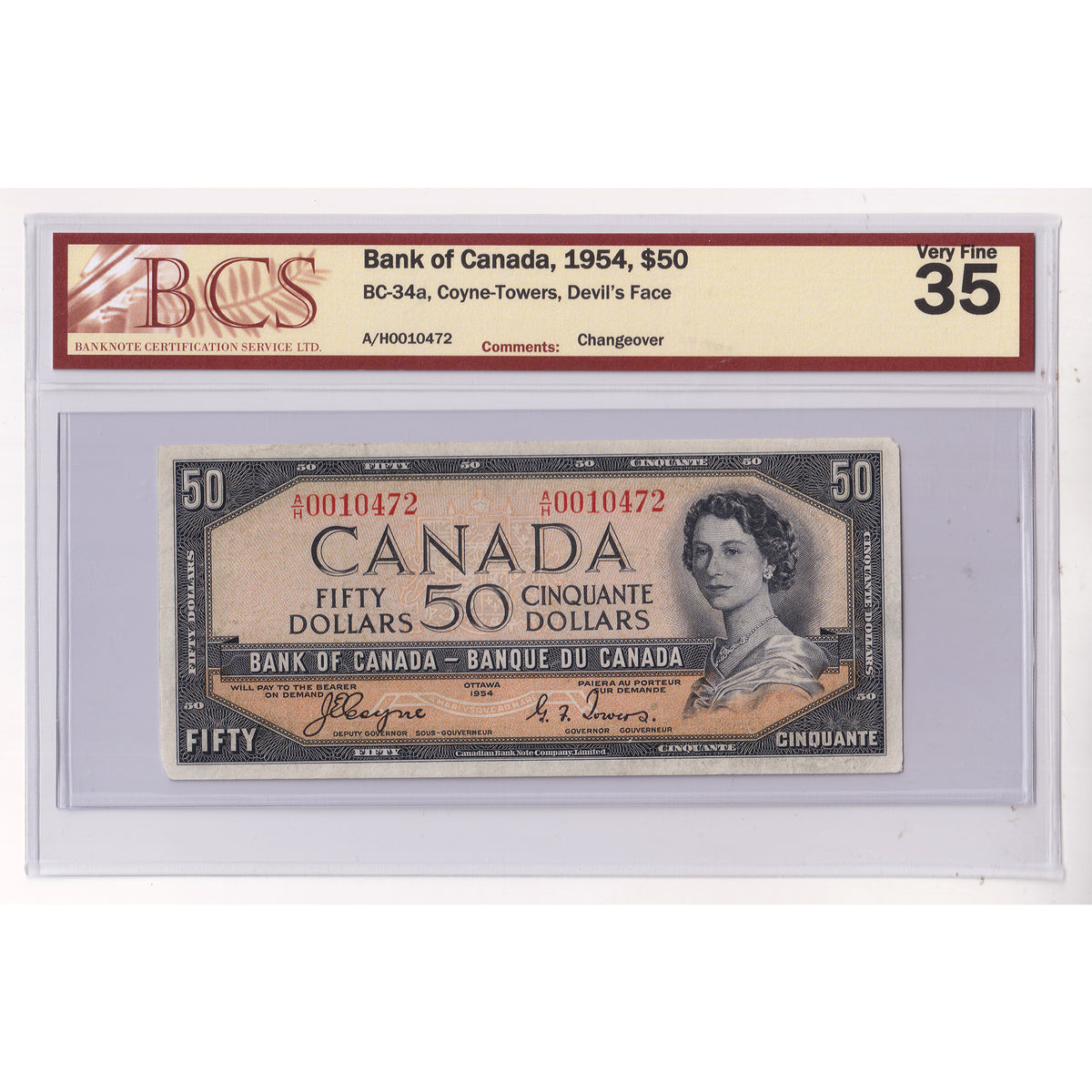 BC-34a 1954 Canada $50 Coyne-Towers, Devil's Face, Changeover, A/H BCS Certified VF35