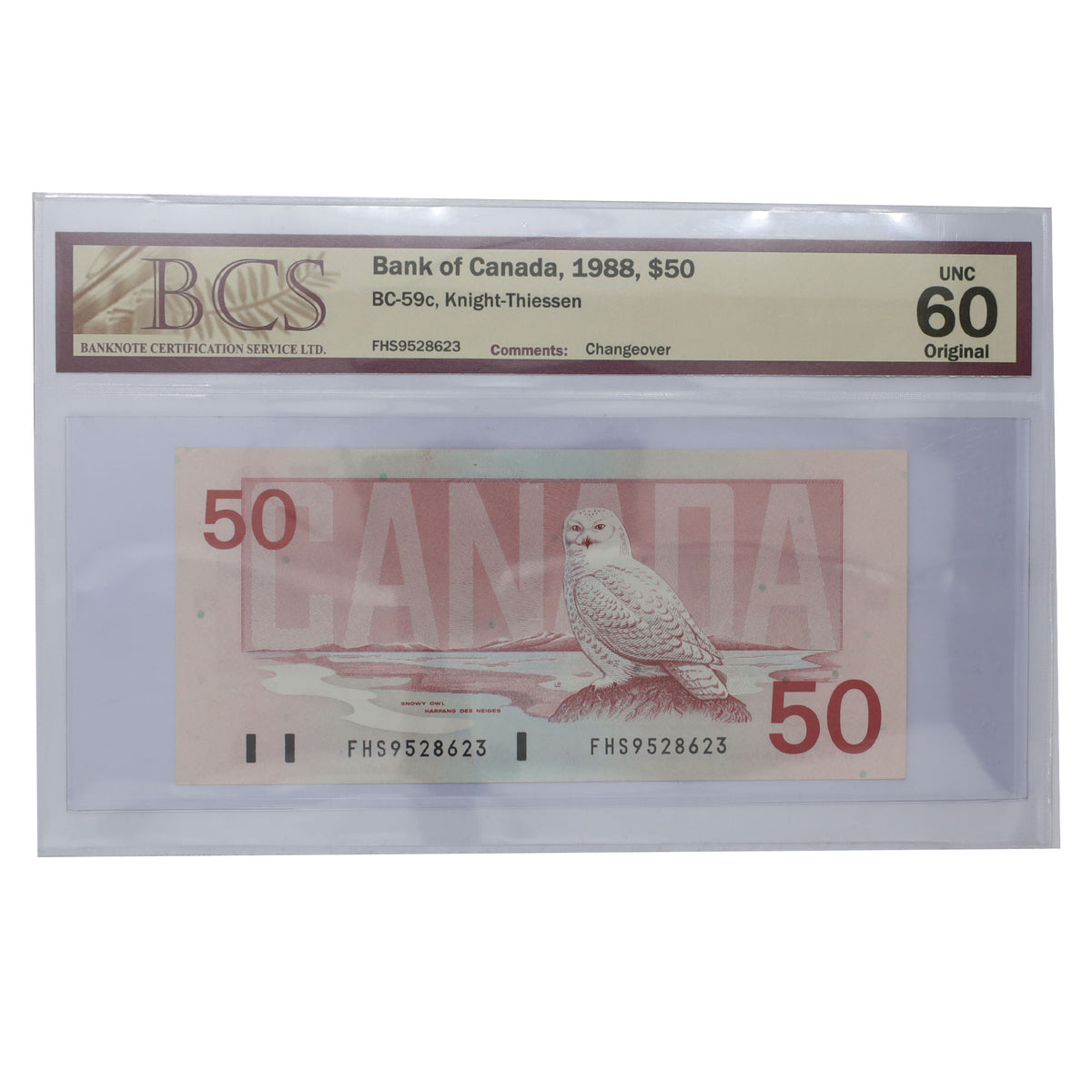 BC-59c 1988 Canada $50 Knight-Thiessen, Changeover, FHS BCS Certified UNC60 Original