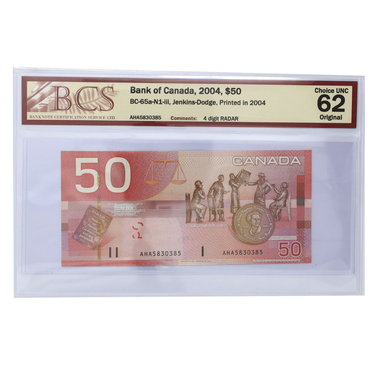 BC-65a-N1-iii 2004 Canada $50 Jenkins-Dodge, RADAR AHA5830385 BCS Cert. CUNC62 Original