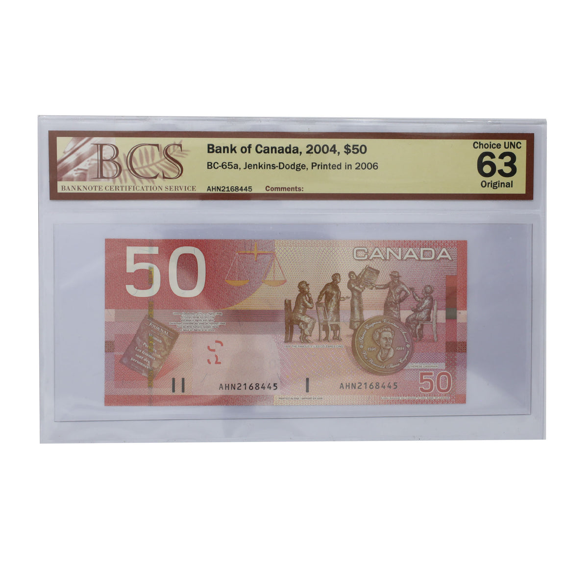 BC-65a 2004 Canada $50 Jenkins-Dodge, Printed in 2006, ANH BCS Cert. CUNC63 Original