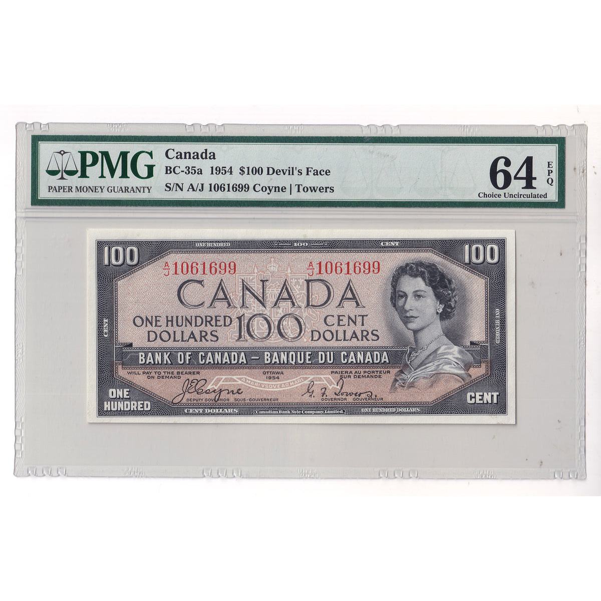 BC-35a 1954 Canada $100 Coyne-Towers, Devil's Face, A/J PMG Certified CUNC64 EPQ