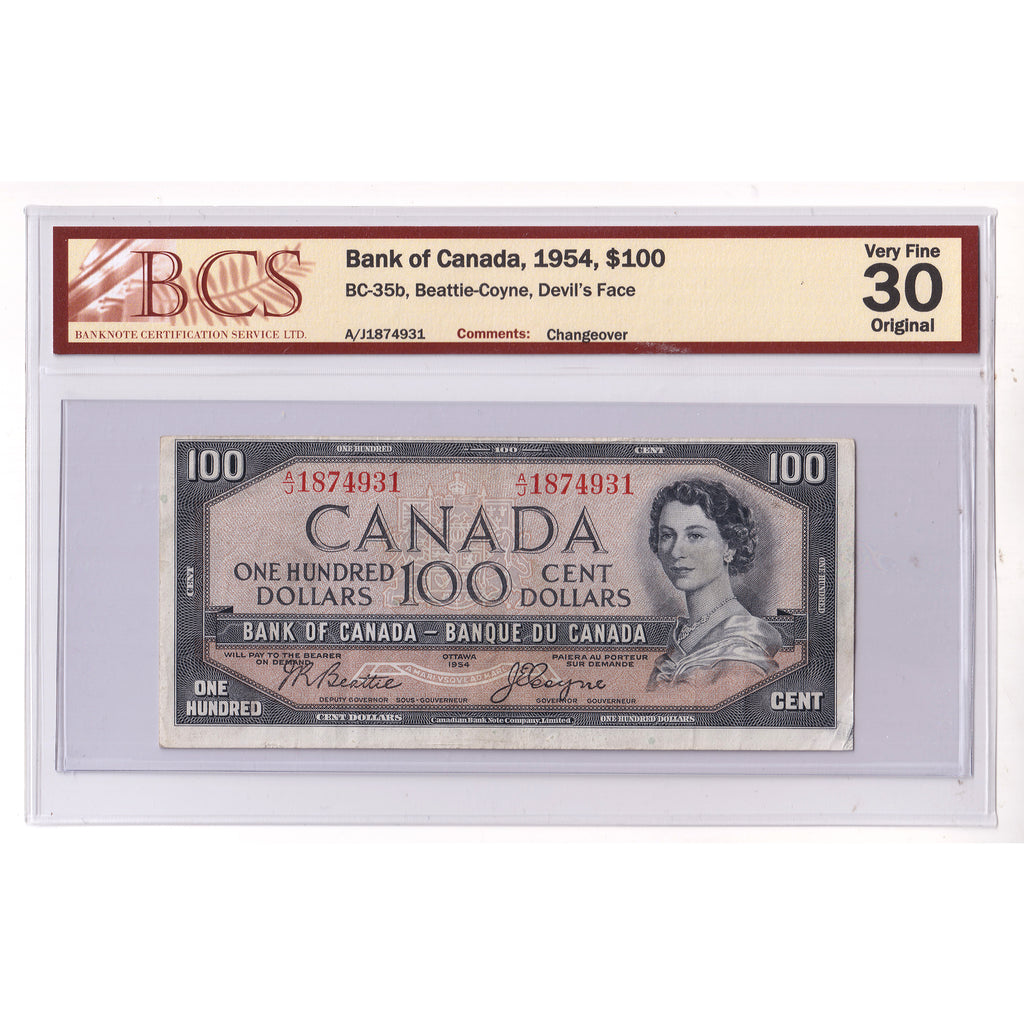 BC-35b 1954 Canada $100 B-C, Devil's Face, Changeover, A/J BCS Certified VF30 Original