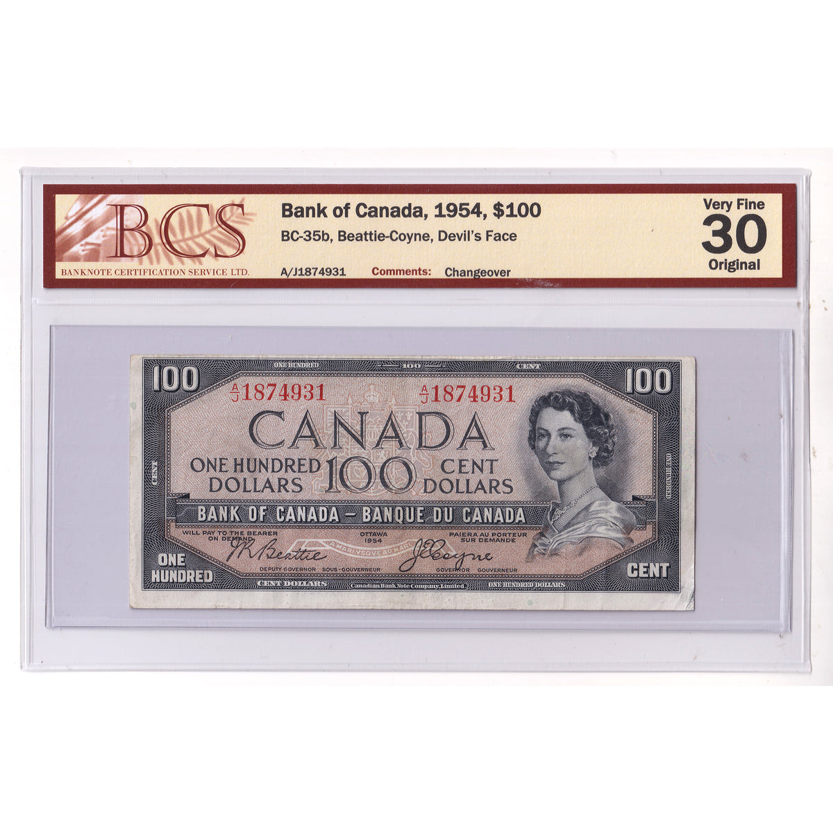 BC-35b 1954 Canada $100 B-C, Devil's Face, Changeover, A/J BCS Certified VF30 Original