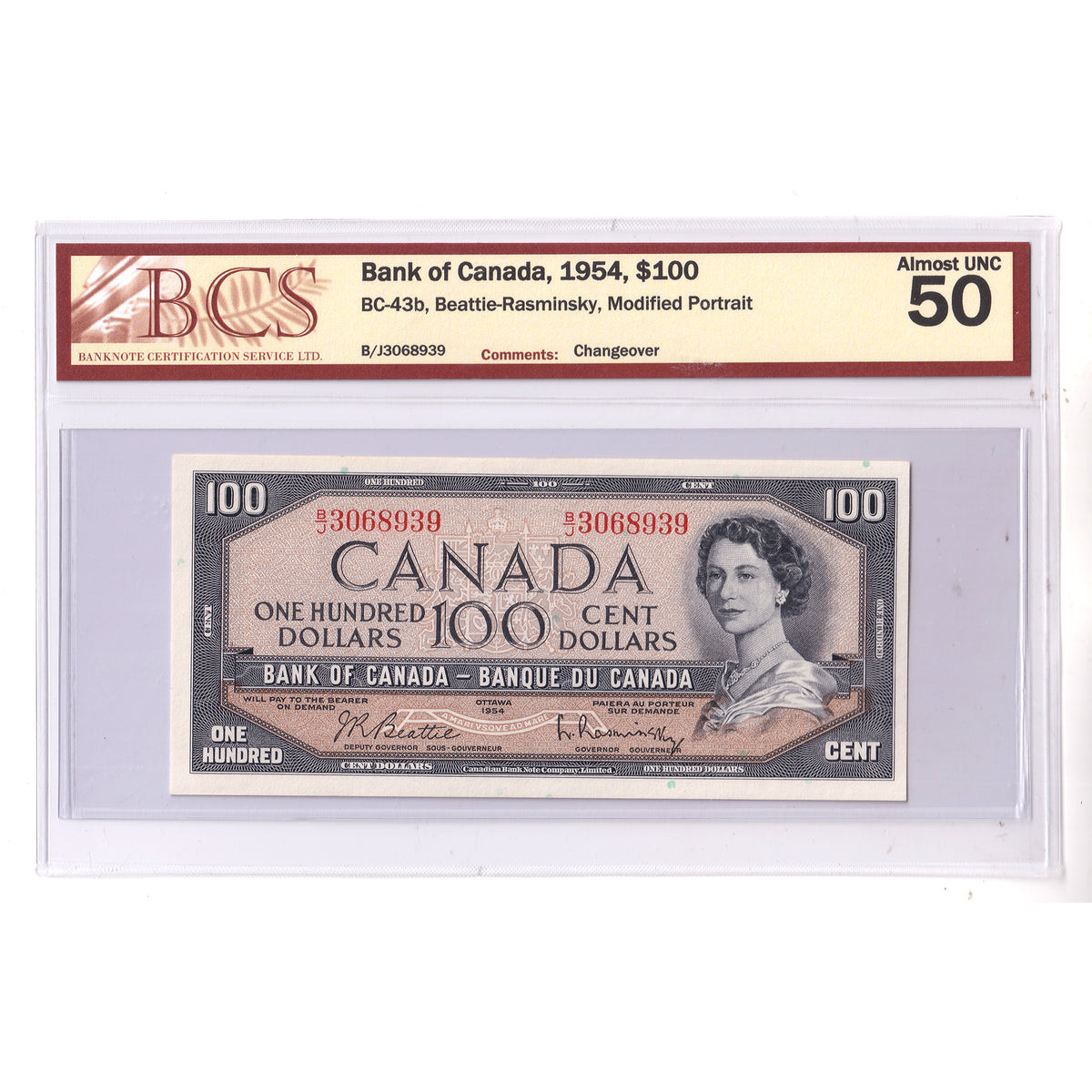 BC-43b 1954 Canada $100 Beattie-Rasminsky, Changeover, B/J BCS Certified AU50