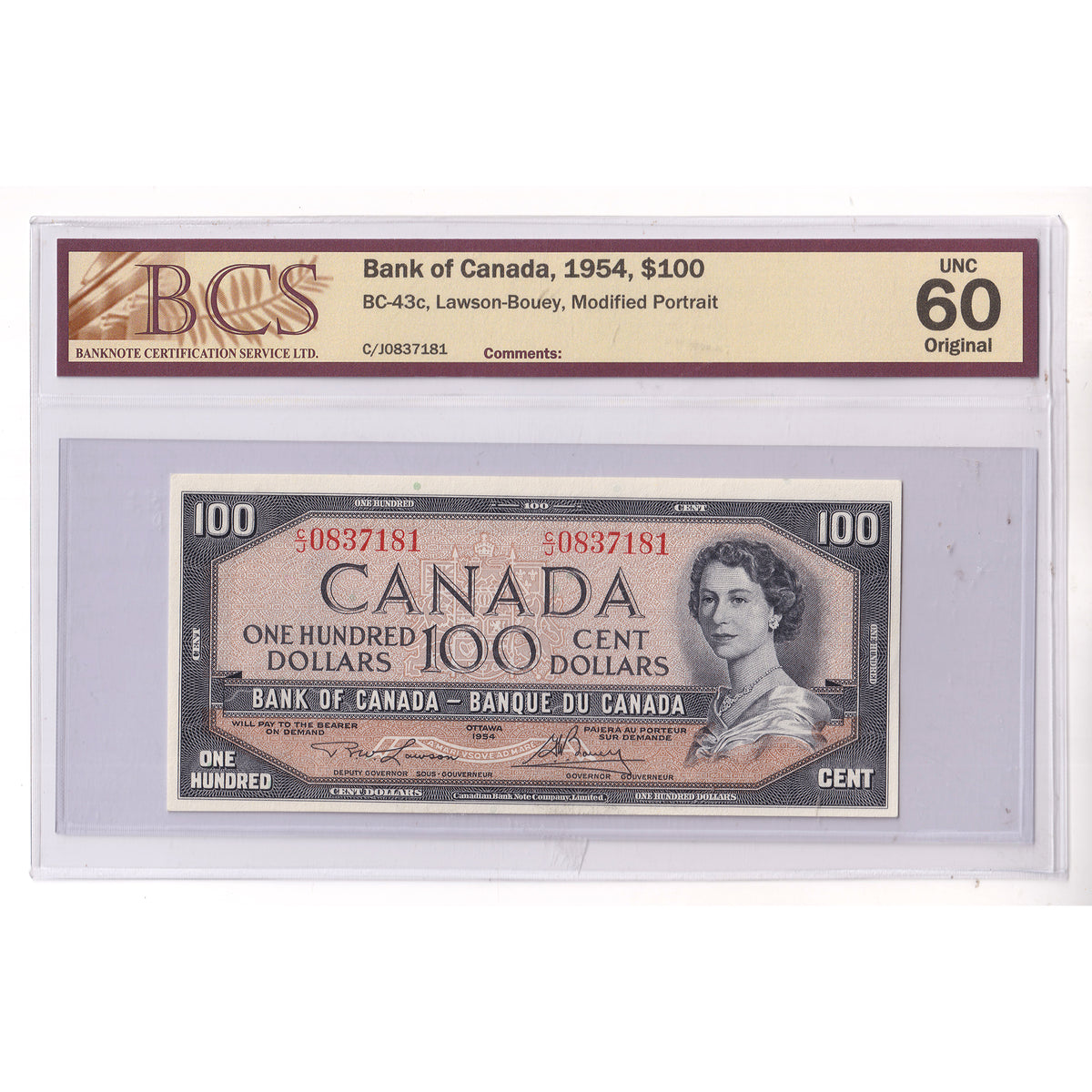 BC-43c 1954 Canada $100 Lawson-Bouey, Modified Portrait, C/J BCS Certified UNC60 Original