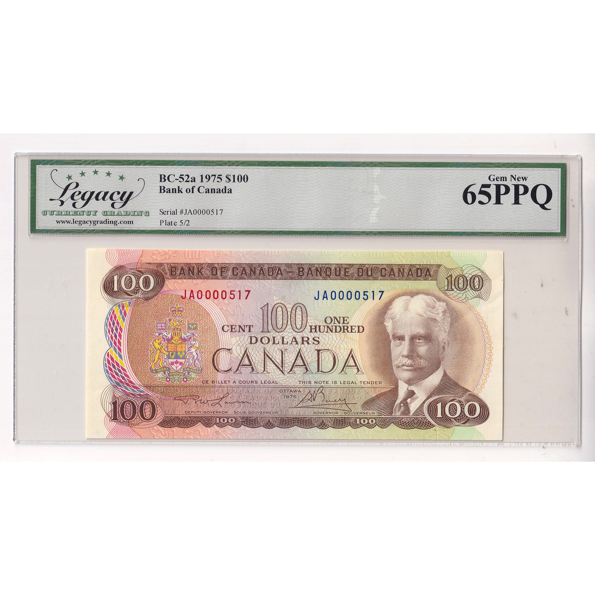 BC-52a 1975 Canada $100 L-B, Low Serial Number JA0000517 Legacy Certified GUNC65 PPQ