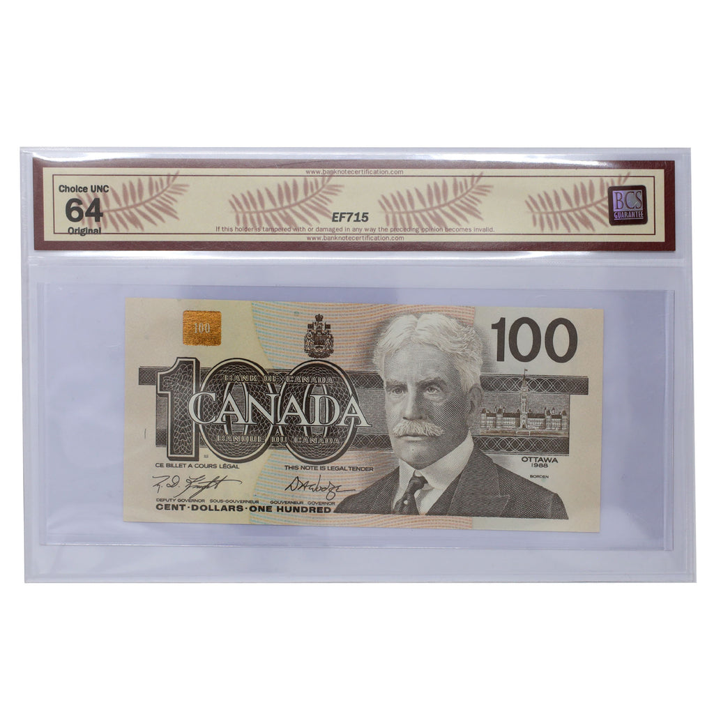 BC-60d-N1-iii 1988 Canada $100 K-D, RADAR BJU9156519 BCS Certified CUNC64 Original