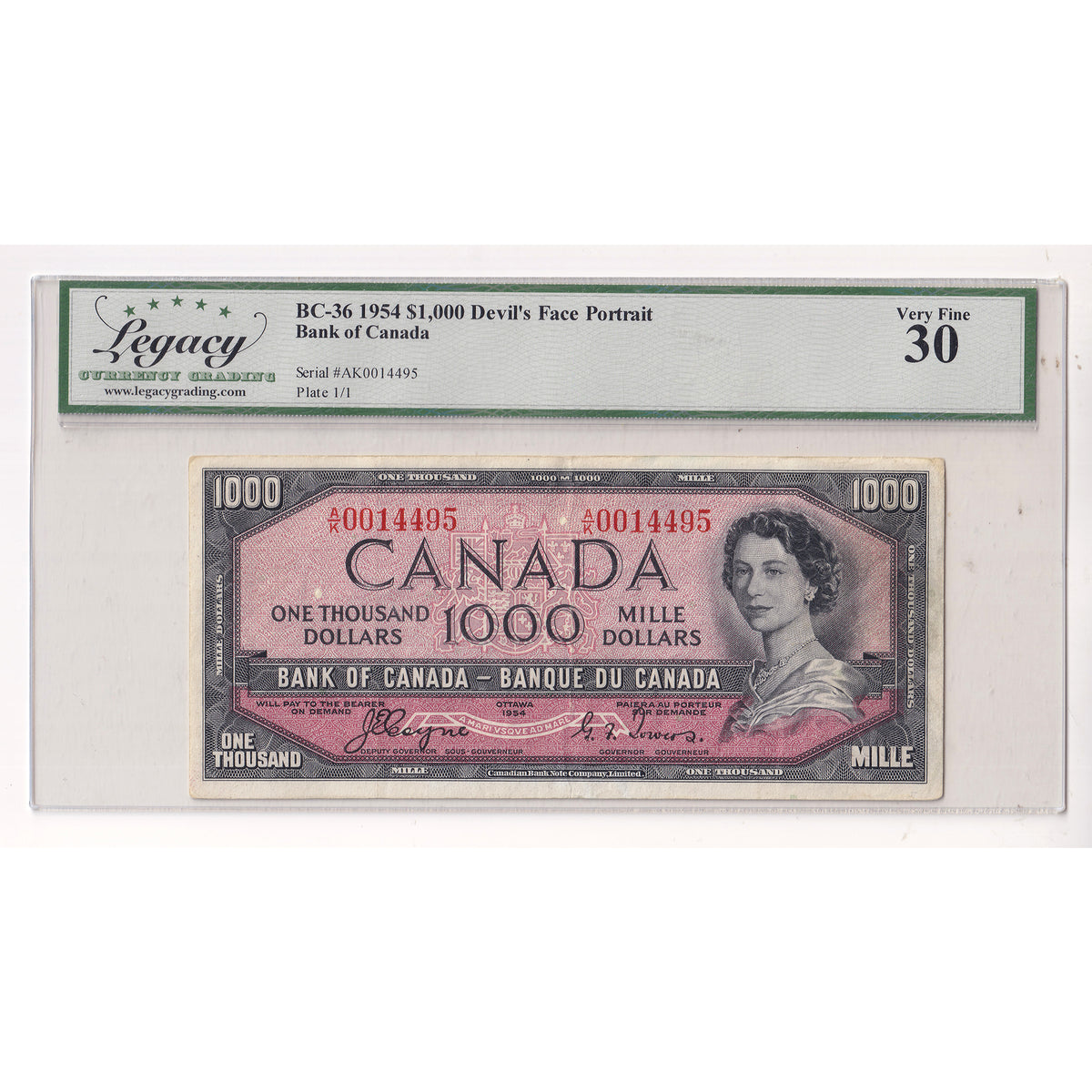BC-36 1954 Canada $1000 Coyne-Towers, Devil's Face, A/K Legacy Certified VF30 No Credit Cards/Paypal