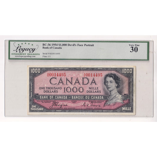 BC-36 1954 Canada $1000 Coyne-Towers, Devil's Face, A/K Legacy Certified VF30 No Credit Cards/Paypal