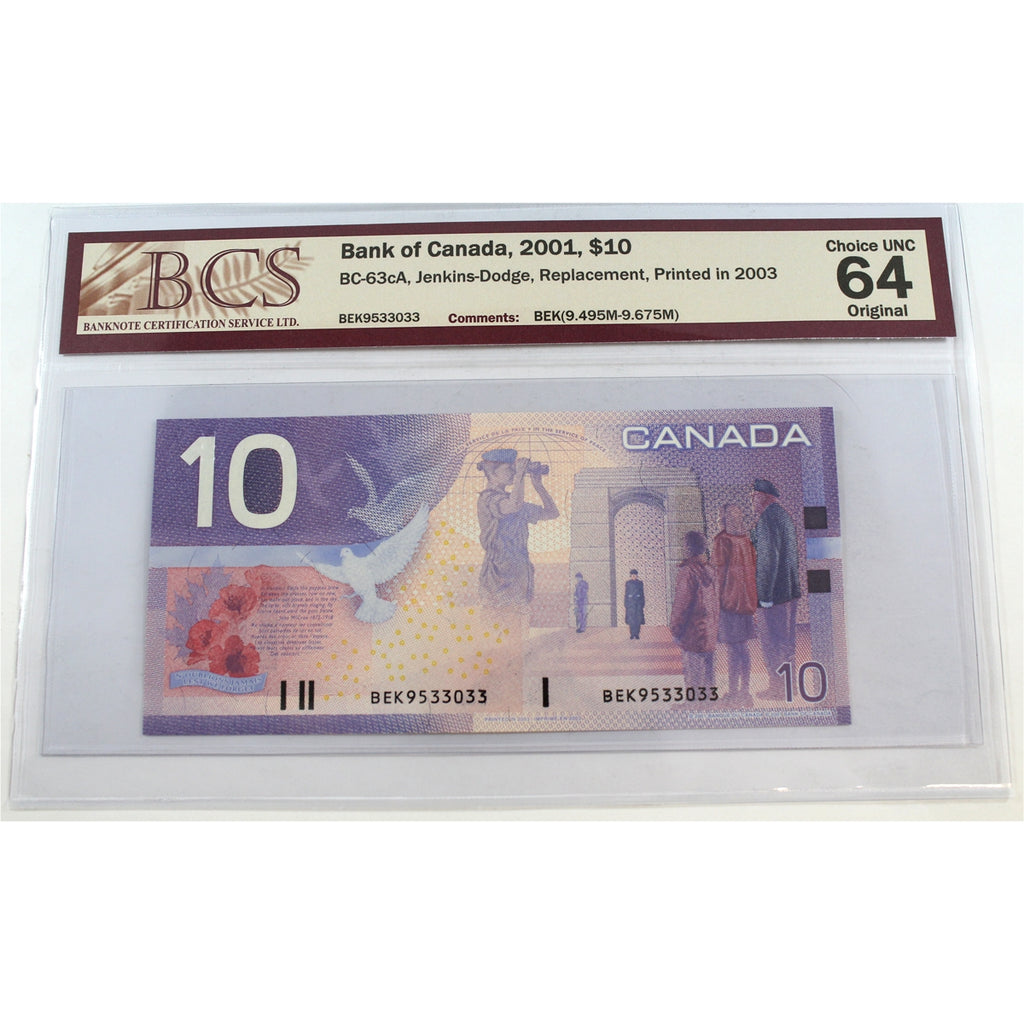 BC-63cA 2001 Canada $10 J-D, Printed 2003, BEK (9.495M-9.675M) BCS Certified CUNC64