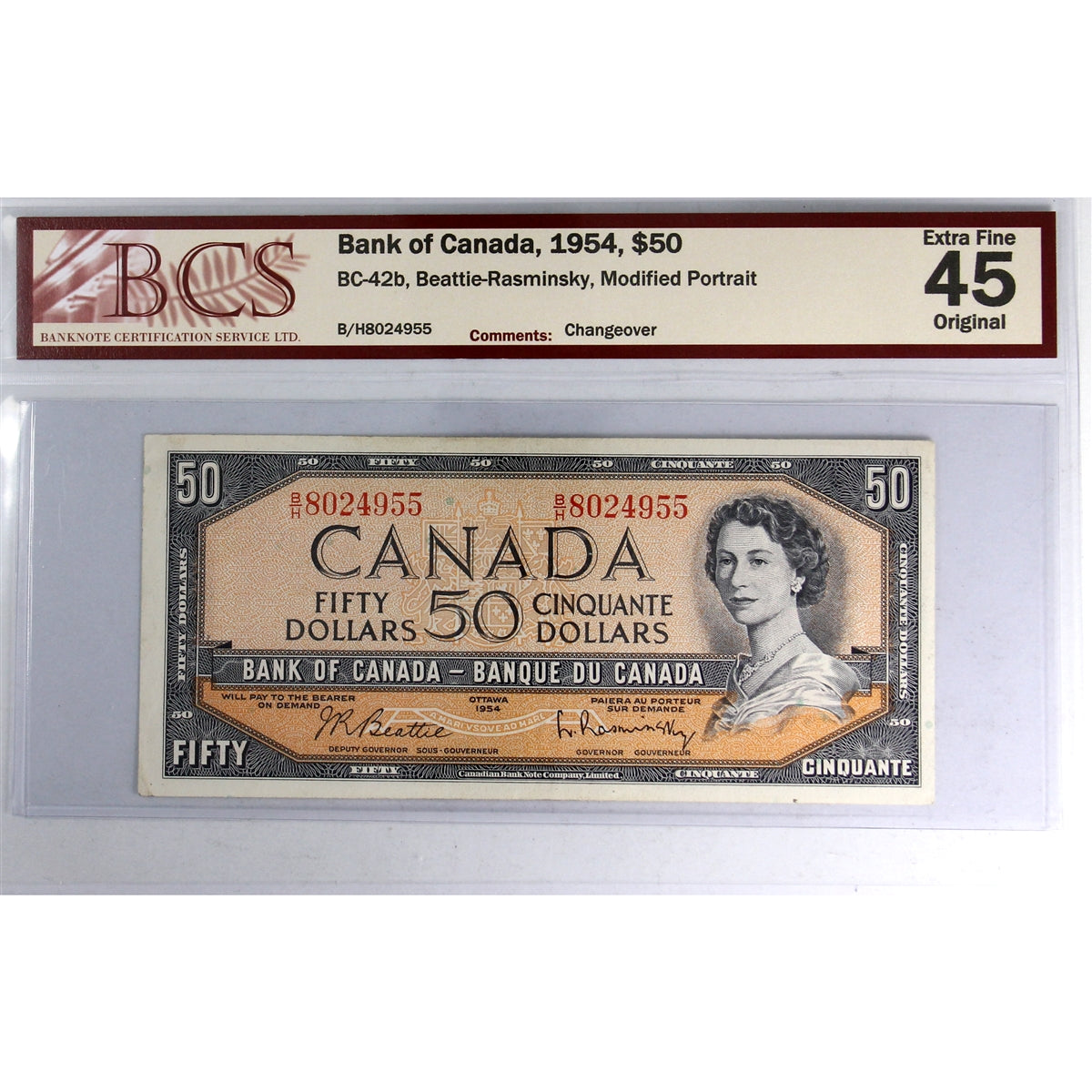 BC-42b 1954 Canada $50 B-R, Modified Portrait, Changeover, B/H BCS Certified EF40 Orig.