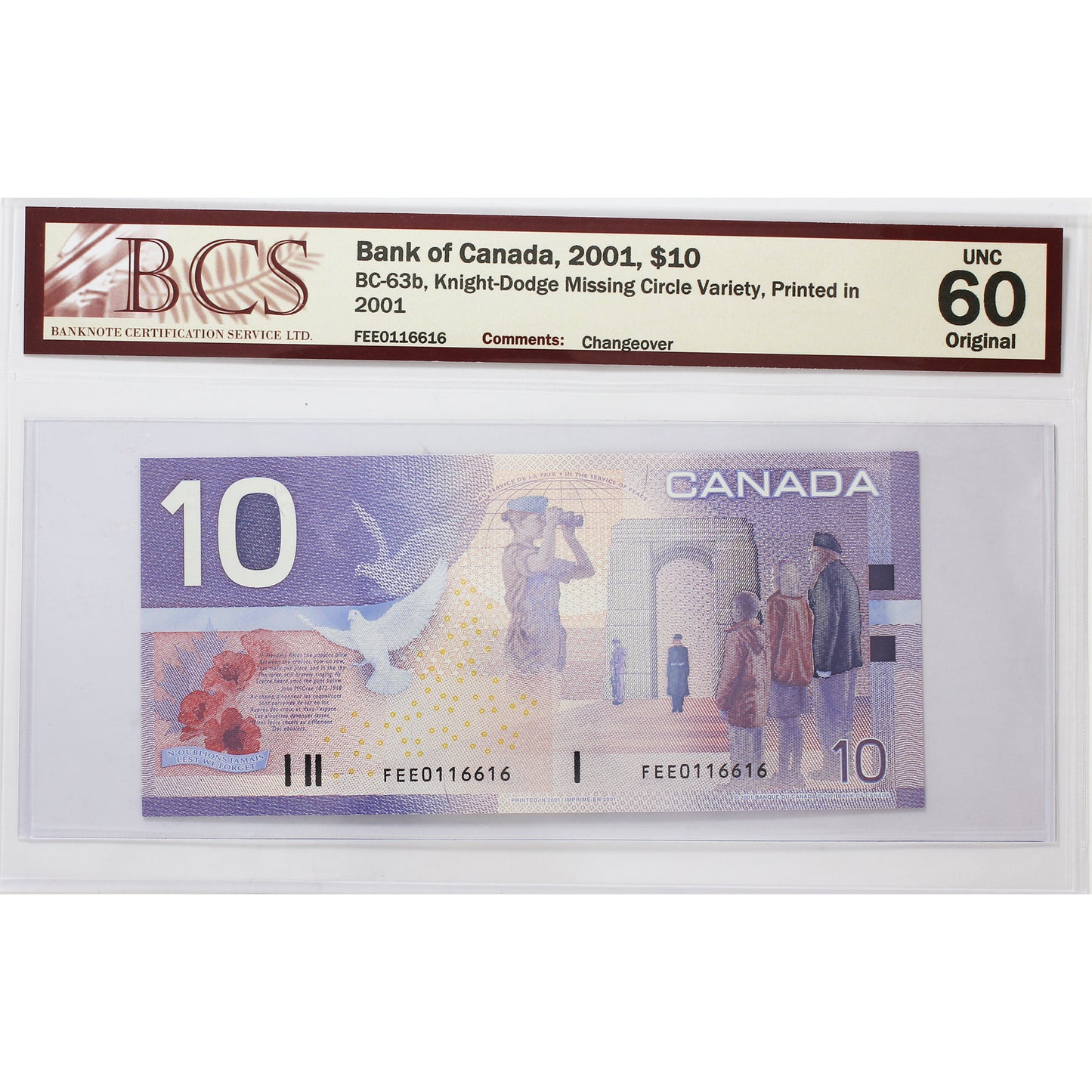 BC-63b 2001 Canada $10 K-D, Missing Circle, Changeover, BCS Certified UNC60 Original