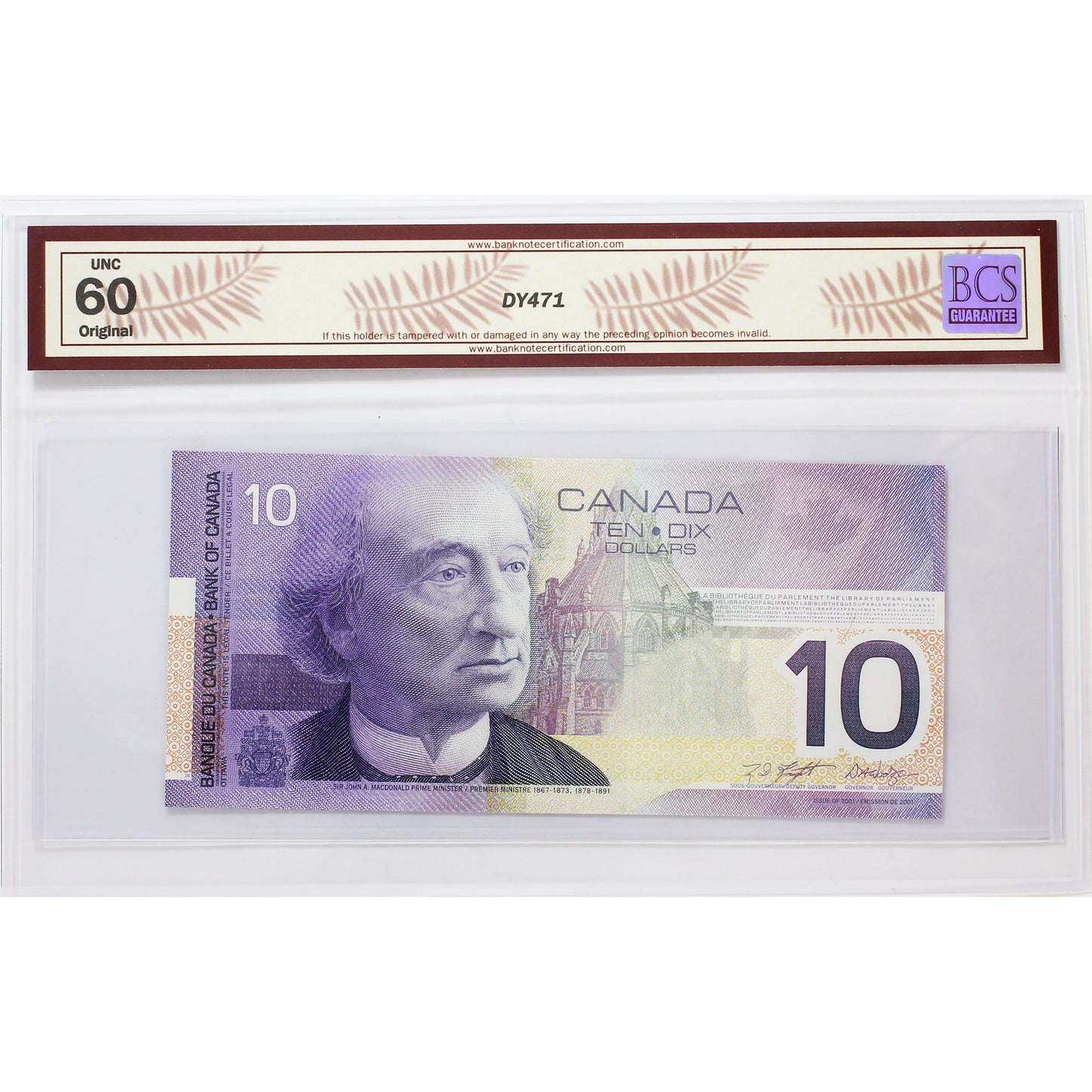 BC-63b 2001 Canada $10 K-D, Missing Circle, Changeover, BCS Certified UNC60 Original