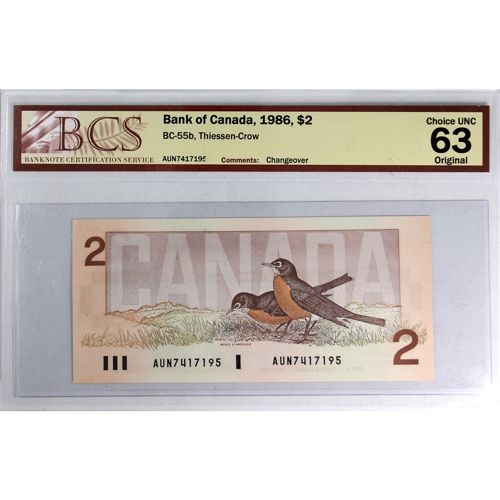 BC-55b 1986 Canada $2 Thiessen-Crow, Changeover, AUN BCS Certified CUNC63 Original