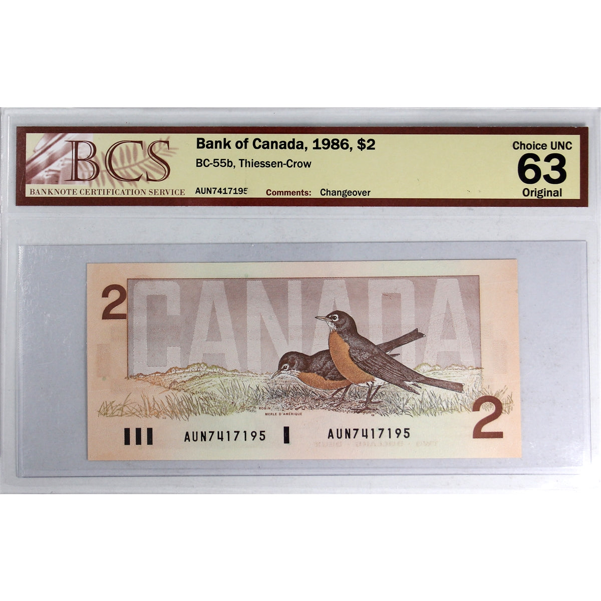 BC-55b 1986 Canada $2 Thiessen-Crow, Changeover, AUN BCS Certified CUNC63 Original