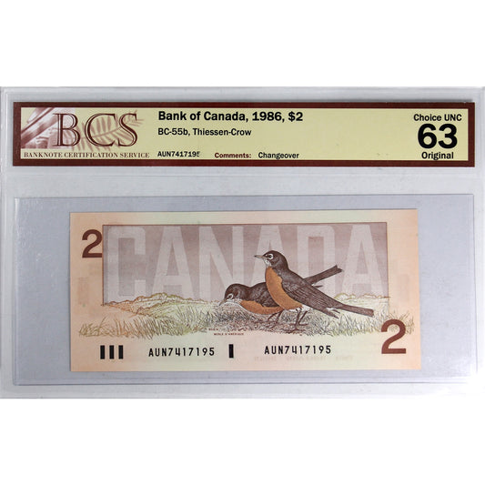 BC-55b 1986 Canada $2 Thiessen-Crow, Changeover, AUN BCS Certified CUNC63 Original