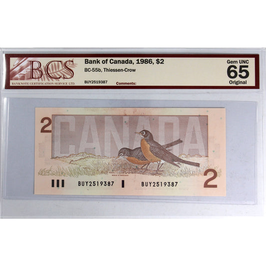 BC-55b 1986 Canada $2 Thiessen-Crow, BUY BCS Certified GUNC-65 Original