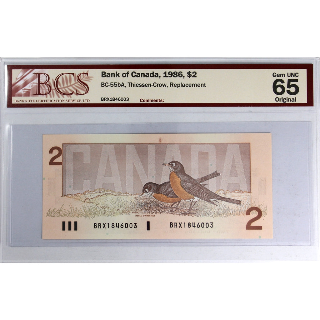 BC-55bA 1986 Canada $2 Thiessen-Crow, BRX BCS Certified GUNC65 Original