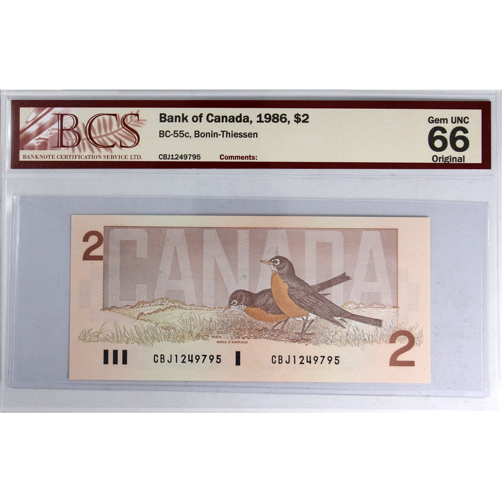BC-55c 1986 Canada $2 Bonin-Thiessen, CBJ BCS Certified GUNC66 Original