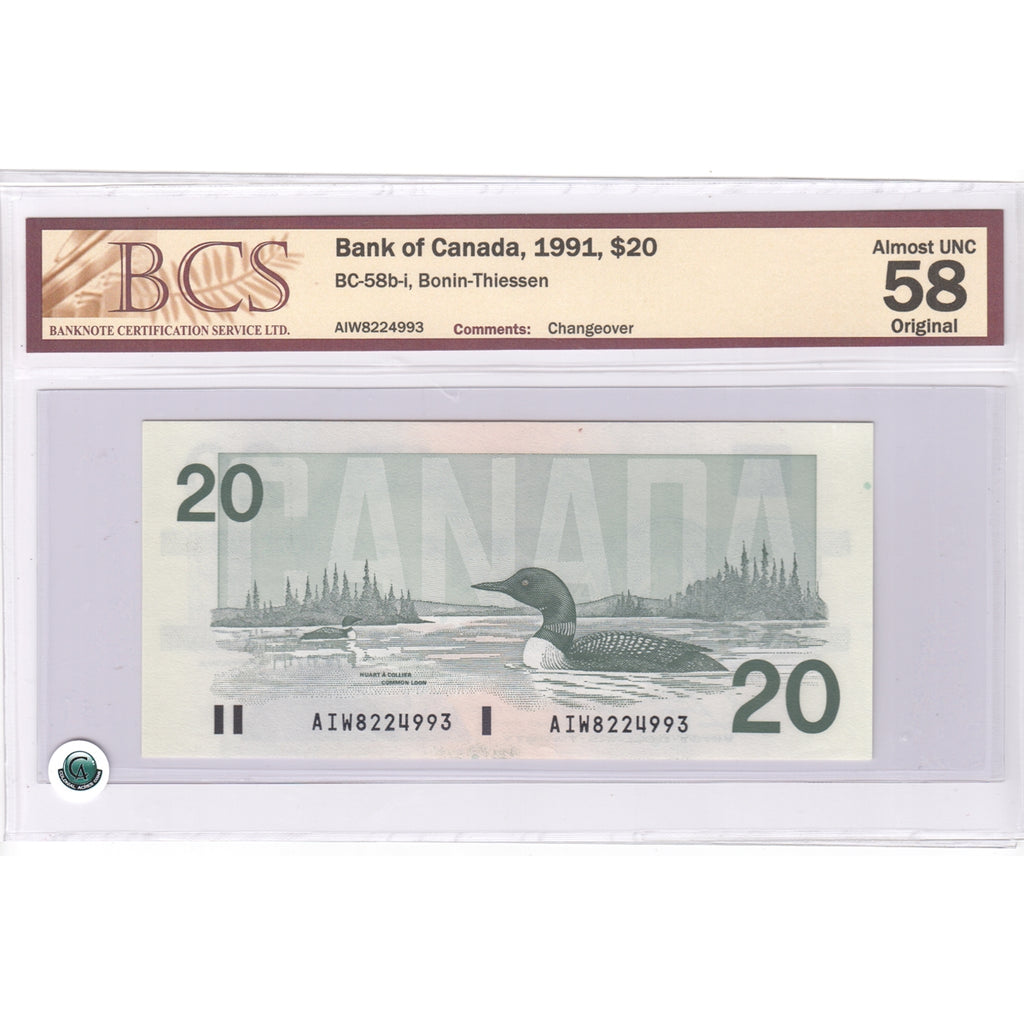 BC-58b-i 1991 Canada $20 Bonin-Thiessen, Changeover, AIW, BCS Certified AU58 Original