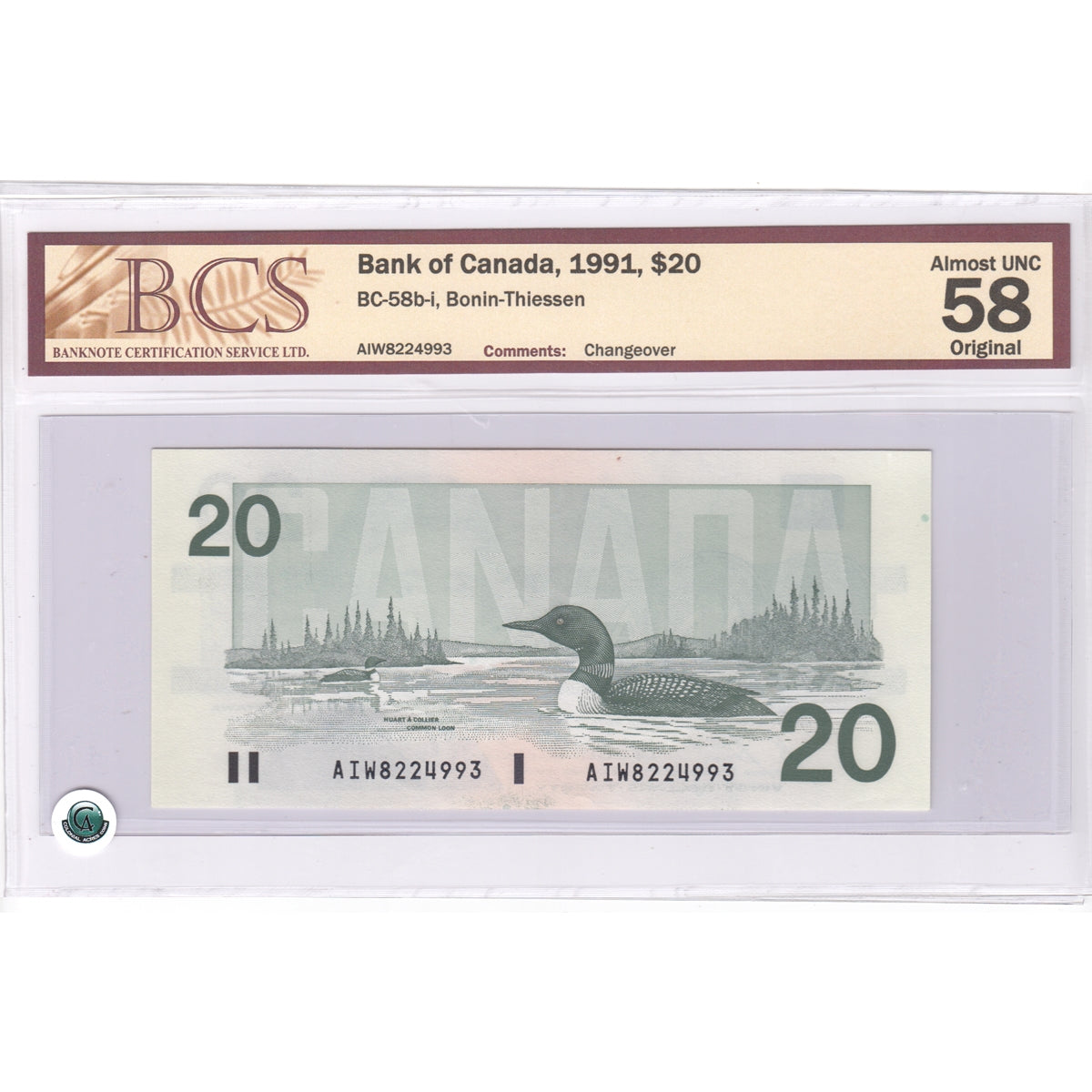 BC-58b-i 1991 Canada $20 Bonin-Thiessen, Changeover, AIW, BCS Certified AU58 Original