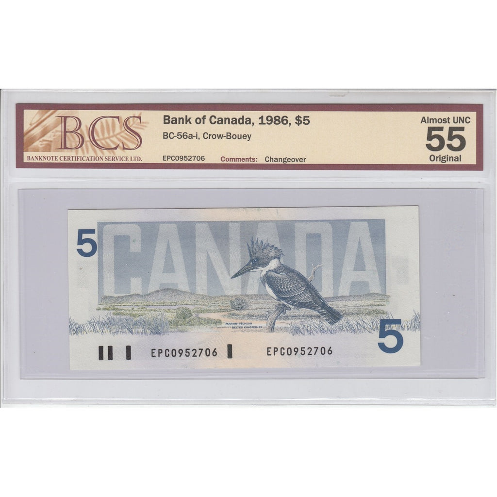 BC-56a-i 1986 Canada $5 Crow-Bouey, Changeover, EPC BCS Certified AU55 Original