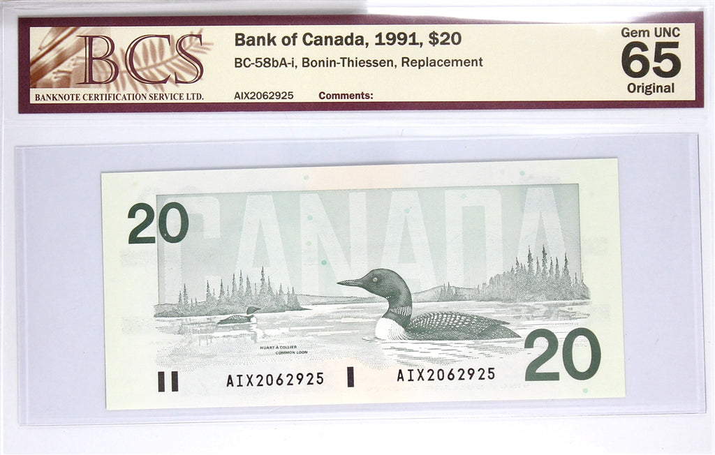 BC-58bA-i 1991 Canada $20 Bonin-Thiessen, Replacement, AIX, BCS Cert GUNC65 Original