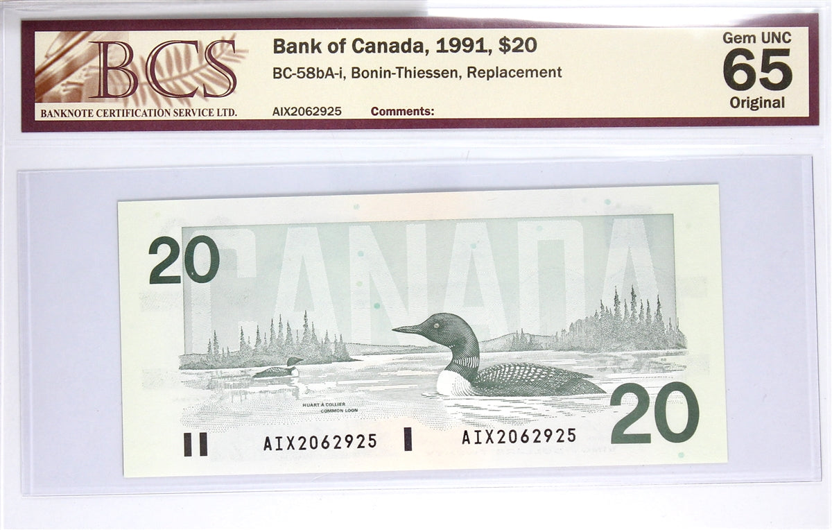 BC-58bA-i 1991 Canada $20 Bonin-Thiessen, Replacement, AIX, BCS Cert GUNC65 Original